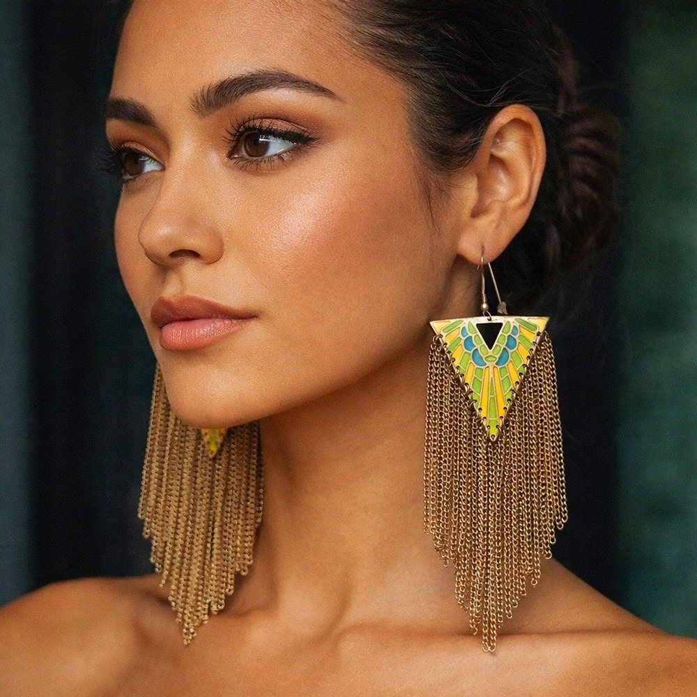Vintage 80s Art Deco Revival Enamel Triangle Fringe Tassel Earrings Statement 4"